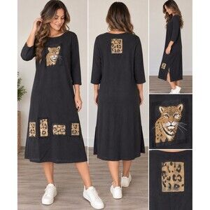 VTG Cover Charge Black Leopard Patch 3/4 Sleeve Maxi T Shirt Dress USA Made XL
